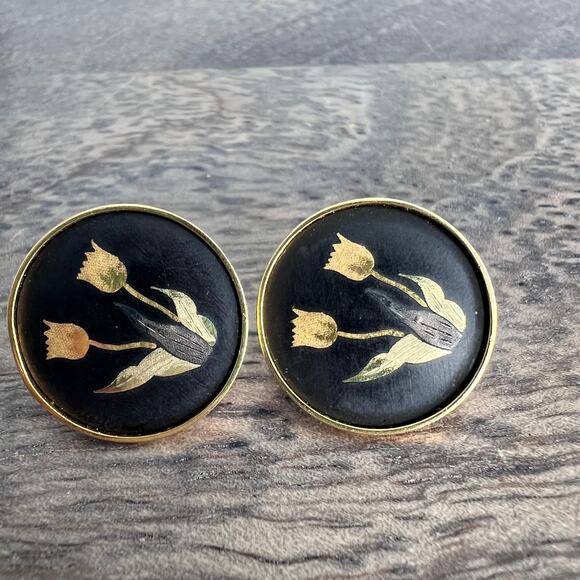Vintage Amita Signed Black and Gold Damascene Tulip Screw back earrings - Picture 2 of 9